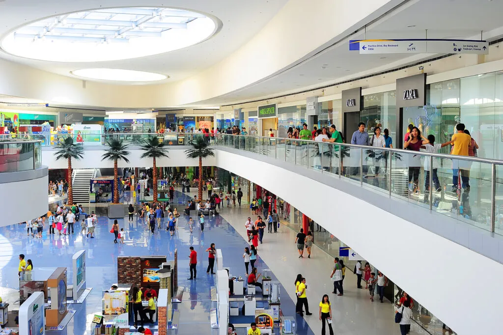 a Mall with high traffic. Striped, Polished and wax floors shinning beautifully after a a deep clean.